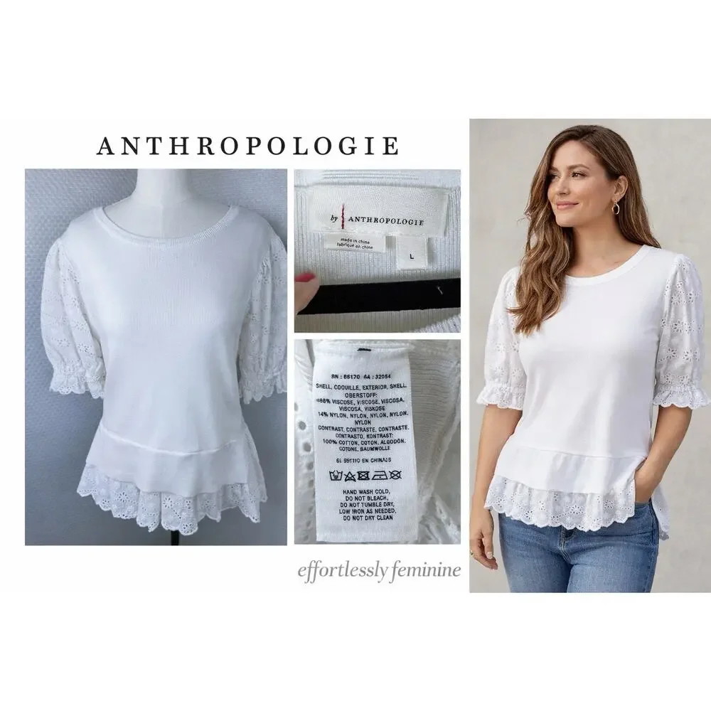 Anthropologie English Factory Eyelet Puff-Sleeve Sweater Tee Anthro Large